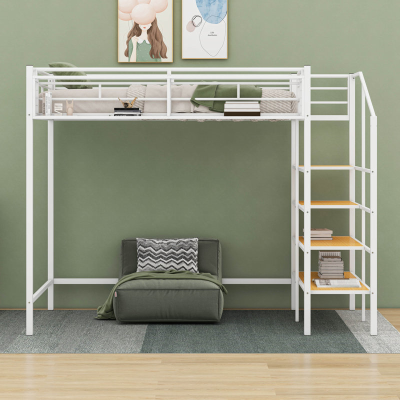 Lit mezzanine simple avec escalier de rangement et tablette supérieure avec structure de lit mezzanine simple en métal, Blanc