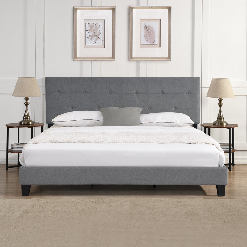 Structure de lit plateforme très grand, rembourrée avec un tissu en lin à boutons, gris, aucun sommier tapissier requis, support à lattes de bois, fabrication facile à assembler