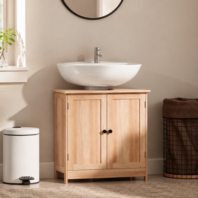 Armoire de meuble-lavabo sous le lavabo avec 2 portes et tablette réglable, chêne gris patiné (sans lavabo)