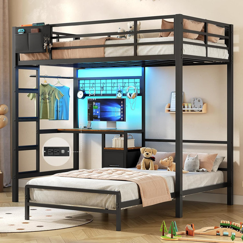 Twin Over Twin Bunk Bed With Desk And Charging Station, Metal Loft Bed, Twin Bed With Led Lights And Storage Shelves And Drawers, L-shaped Bunk Bed