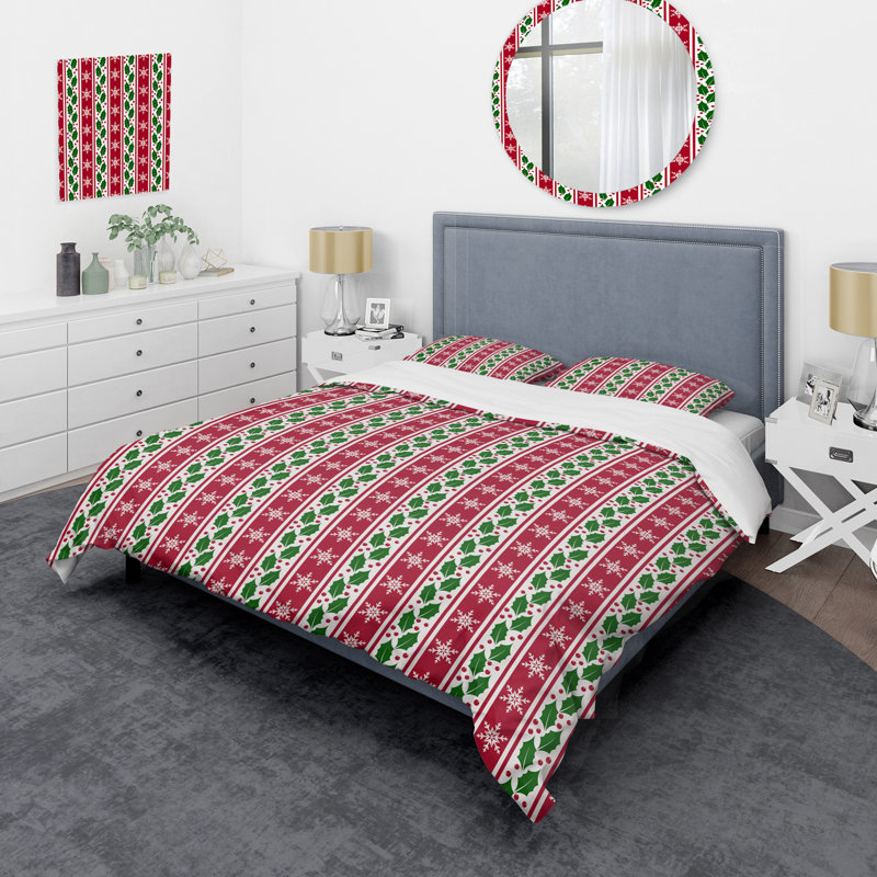 Motif à rayures vertes et rouges - Ensemble de housse de couette abstrait - Microfibre de polyester