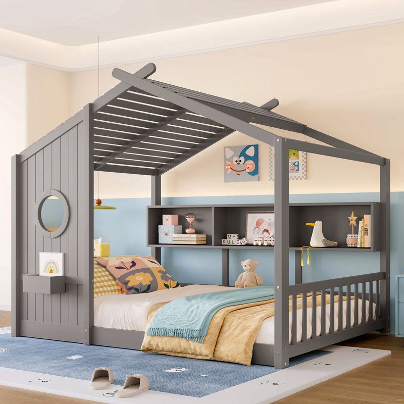 Lit double pleine grandeur pour enfant, lit Montessori pour enfants avec tablette de rangement