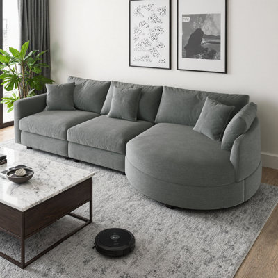 105" Chenille 3-Piece Sectional Sofa with Curved Chaise & 3 Throw Pillows Soft Grey, Pine Frame, Sinuous Springs Apartment-Friendly