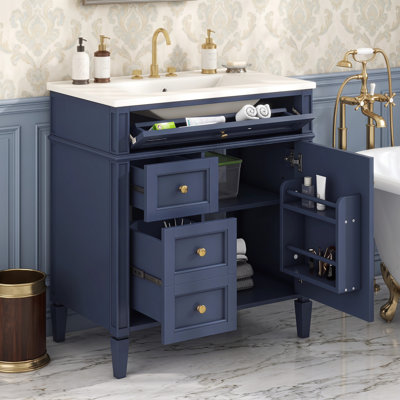 Ensemble de meuble-lavabo flottant mural 36 po, ensemble complet avec lavabo en céramique à 3 trous, tiroirs multiples
