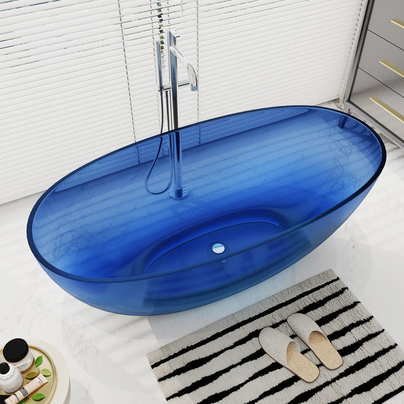 61'' x 29'' Freestanding Soaking Solid Surface Bathtub, Transparent Blue