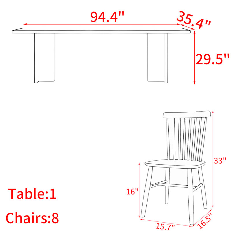 Ensemble de table de salle à manger en bois massif de style nordique, H 29,5 po x L 94,4 po x l 35,4 po