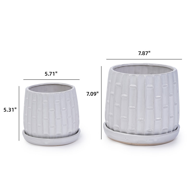  Ceramic Plant Pots, 7 + 5 Inch, Set of 2 Flower Pots with Drain Hole and Saucer, Bamboo Pattern Planter for Plants Orchids Succulents Indoor/Outdoor, Plant Gifts - White