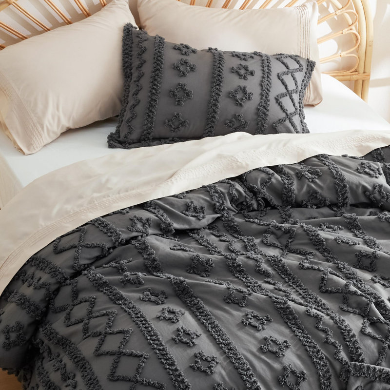 Ensemble de literie Boho, Housse de couette et insert pour grand lit + 2 tai, Gris