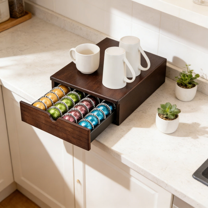 Porte-gobelet et organisateur de flagship avec tiroir pour capsules de café Nespresso