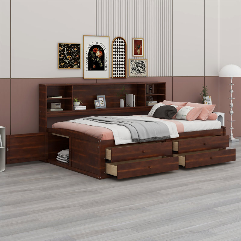 Lit capitaine pleine grandeur en bois avec tablettes de rangement intégrées, 4 tiroirs et 2 armoires, Dark Brown