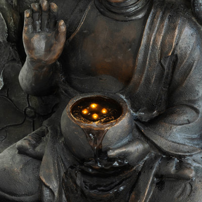 Fontaine cascade Bouddha d'extérieur de 71 cm de haut, élément décoratif autoportant et relaxant, inspiration zen et feng shui asiatique pour patio, jardin, cour, terrasse et maison, cadeau idéal. Fontaine LED.