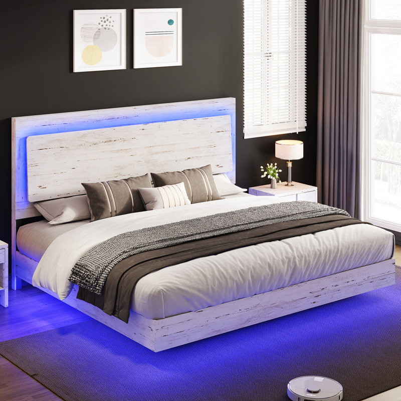 Tryston Floating King Bed with LED Light, White, White, King