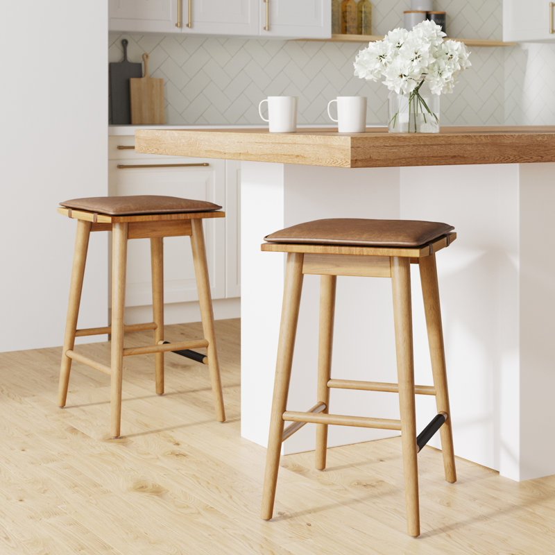 2-Pack Backless Counter Height Wood Barstool With Leather Removable Cushion, Chestnut, Warm Pine, 2