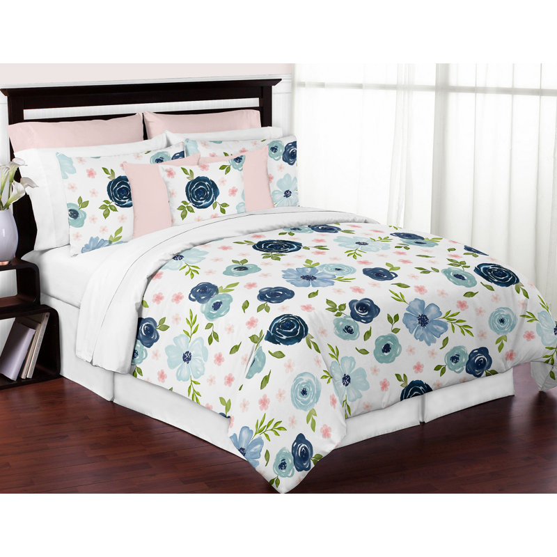 Full Blue Microfiber Floral Comforter Set for Girls