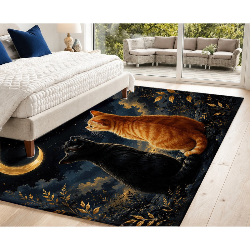 Tapis d'intérieur à motif de chats, lune et étoiles sous le ciel nocturne, motif animalier artistique, lavable en machine et antidérapant, décoration élégante pour salon, chambre, entrée, cuisine, balcon, appartement
