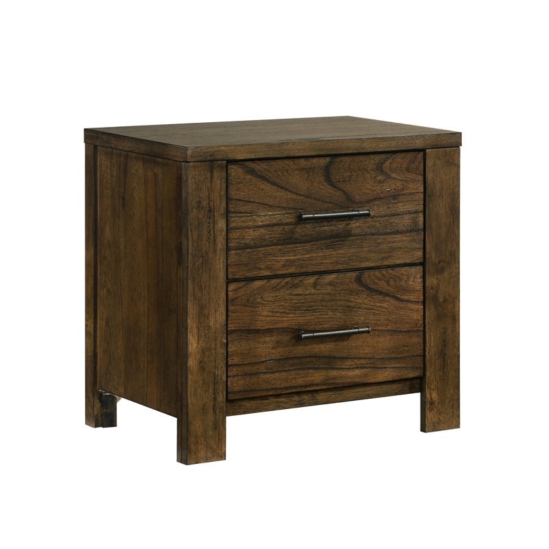 Table de chevet à 2 tiroirs en chêne rustique, pièce décorative pour la chambre à coucher, chêne brossé, poignées de bar brun foncé, sans assemblage, placage et bois, table de chevet de 26 po x 16,5 po