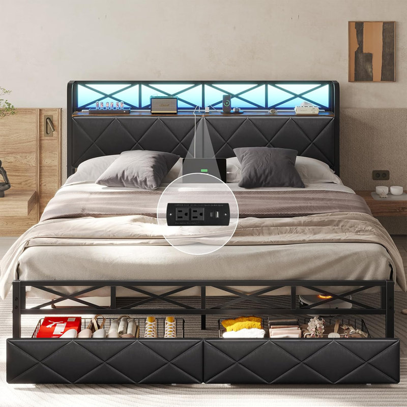 Lit plateforme avec rangement en métal Pateros Bouldercombe, Noir