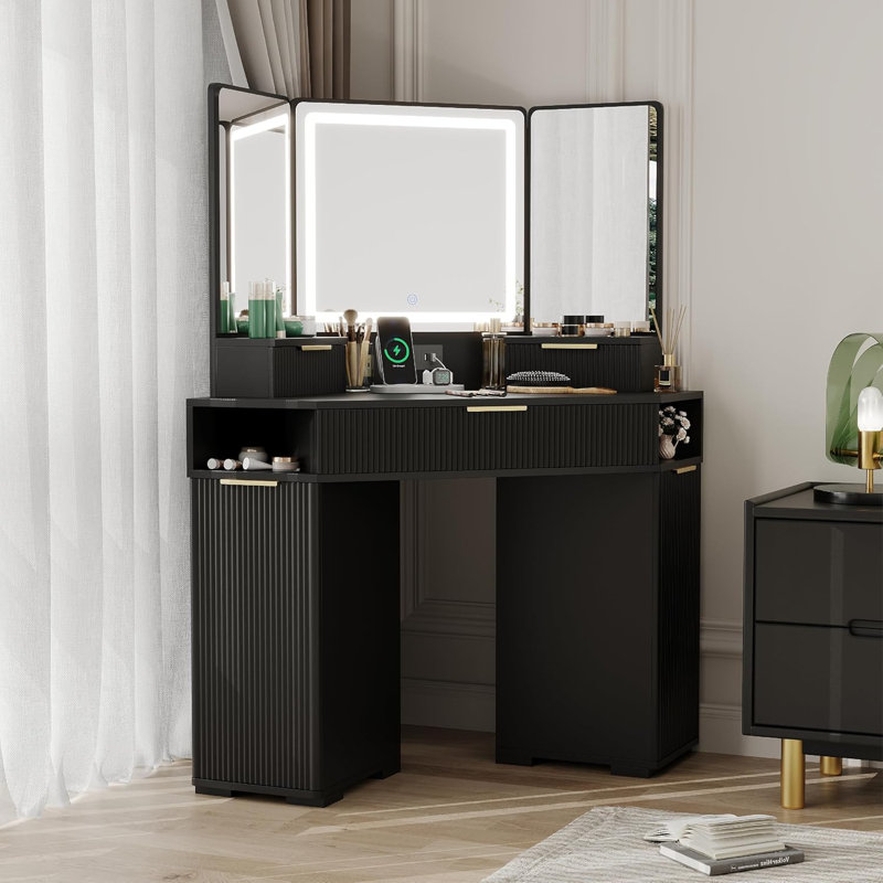 Corner Vanity Desk, Vanity Table with Lighted Mirror, Fluted Makeup Desk with Drawers and Cabinets, Corner Dressing Table with Charging Station for Bedroom