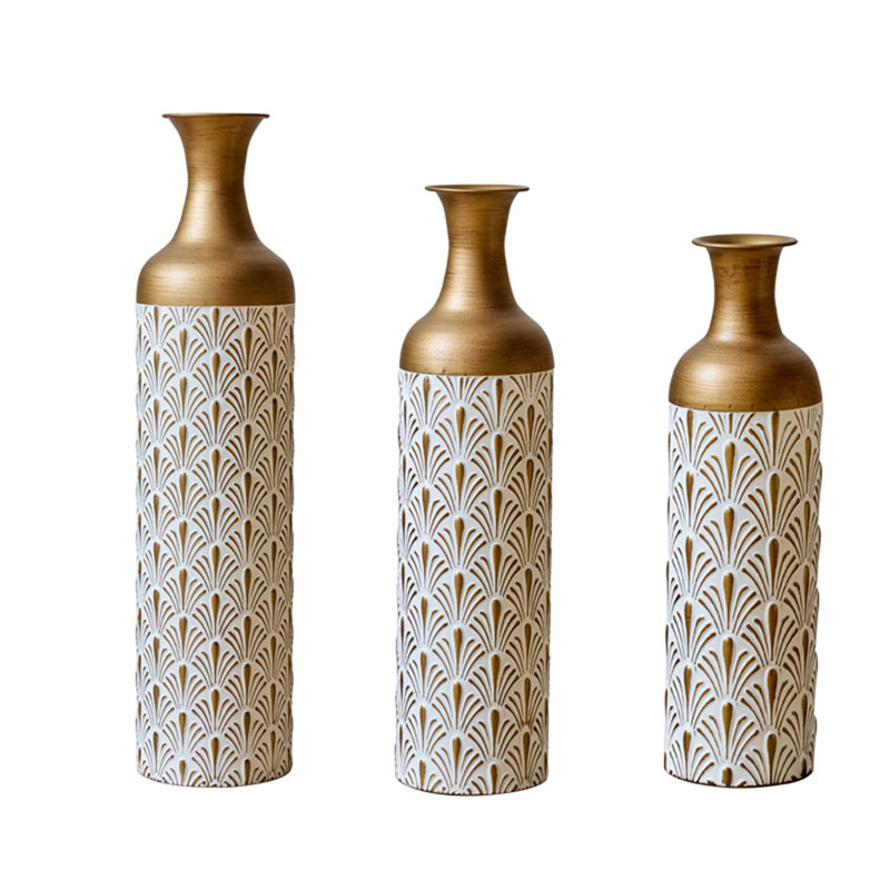 Set of 3 White & Gold Decorative Metal Floor Vases with Fan Pattern - Tall Flower Vases for Elegant Living Room Decor (32.68, 25.98, 19.69 Inch)