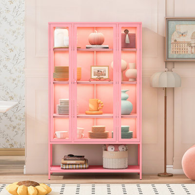 67.25'' Tall Iron Display Cabinet with Glass Door, LED Lights, and 3-Sided Glass for Collectibles and Decorative Items