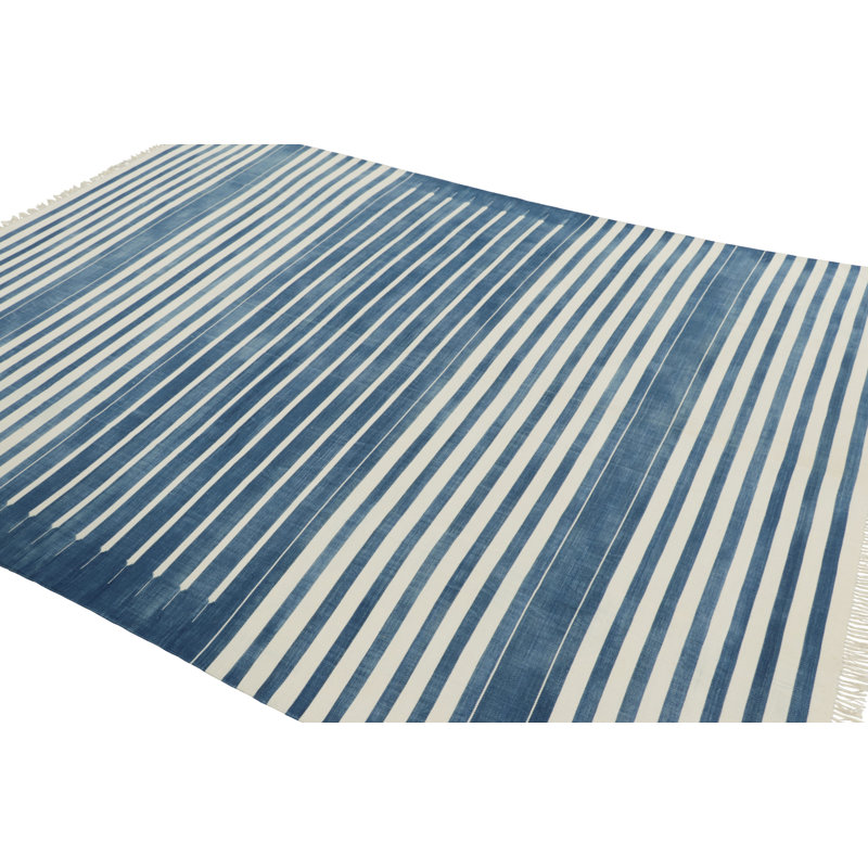 Rug & Kilim’S Contemporary Dhurrie Rug In Dark Blue And White Stripes, Rectangle 8' x 10'