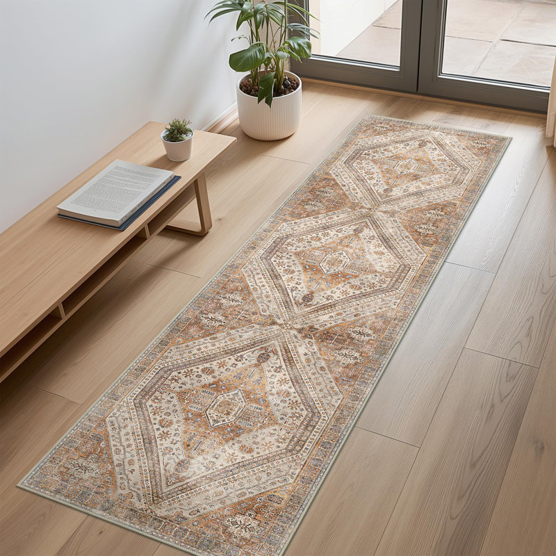 Tapis d'intérieur antidérapant à motif oriental or / orange, Tapis de couloir 2 pi x 10 pi
