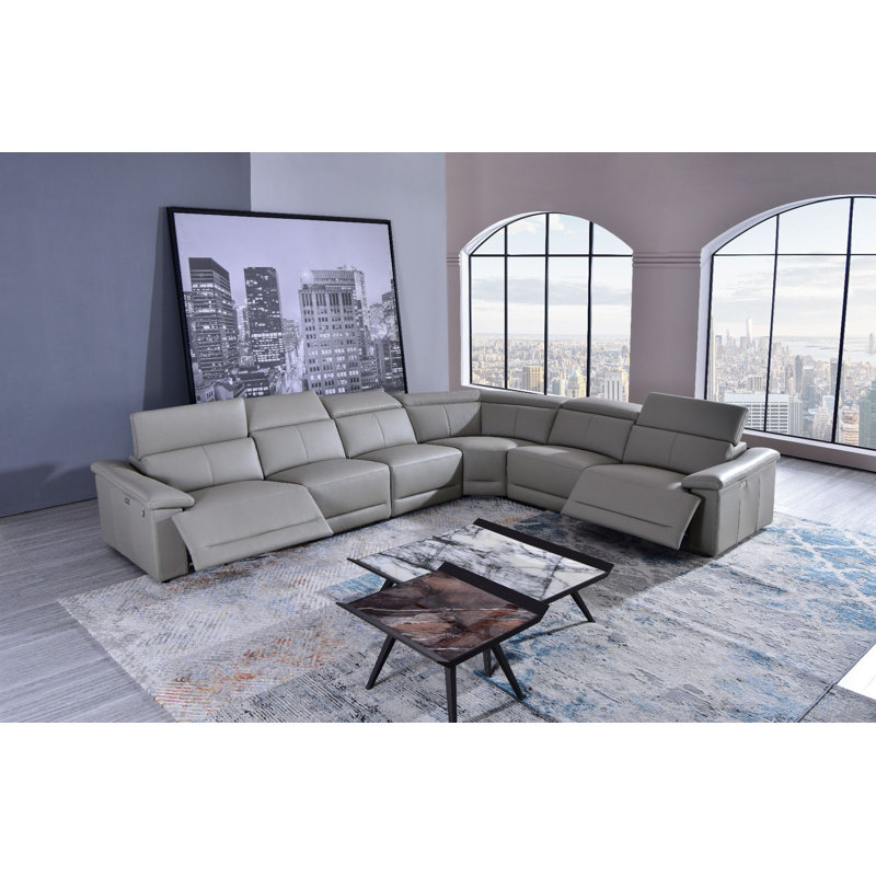 Canapé modulaire 150 po, Cuir véritable gris clair