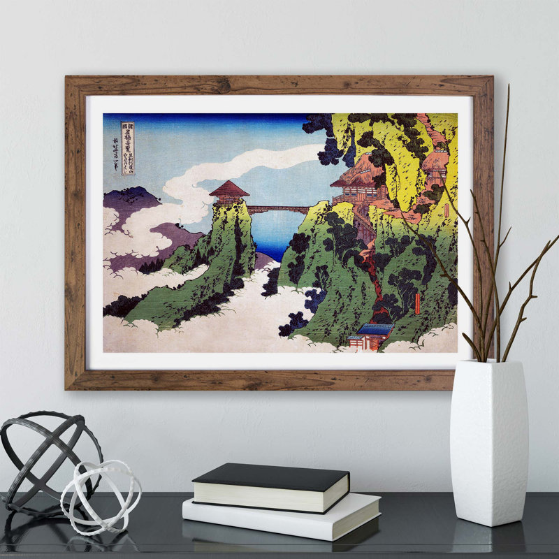 The Hanging-Cloud Bridge by Atsushika Hokusai - Framed Print, 33cm H x 45cm W x 2cm D, Walnut