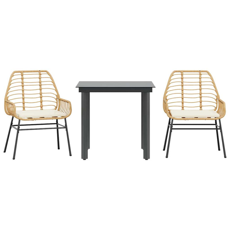 Patio Dining Set With Cushions Poly Rattan Glass, 29.1" H x 31.5" W x 31.5" L, White/Brown, 2