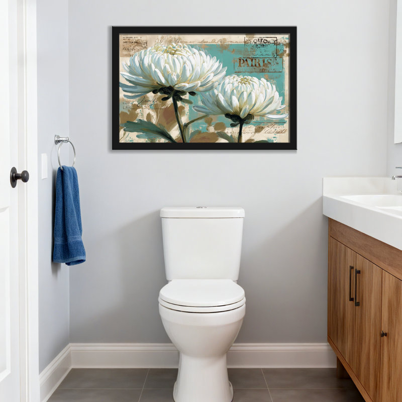 Plantes et fleurs de chrysanthèmes blancs sur fond de carte postale rétro, H 24 po x l 36 po, Toile tendue, Ne s’applique pas