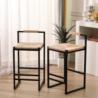 De 2 tabourets de bar de style maison, siège en corde de papier, structure en métal, convient à la maison, capacité maximale de 220 lb, tabourets de salle à manger modernes faciles à assembler