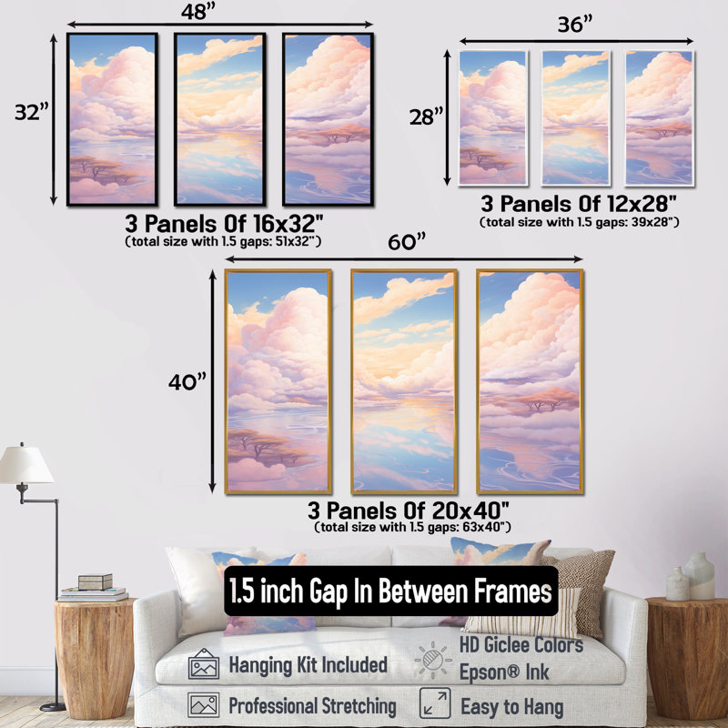 Kawaii Clouds Landscape II - Sky Wall Decor Set, Black Floater Framed, 40" H x 60" W x 1" D