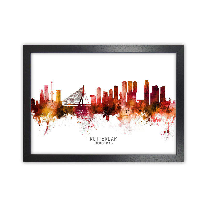 Rotterdam Netherlands Skyline Red City Name by Michael Tompsett - 1 Piece Wall Art, 64cm H x 88cm W x 3cm D, Black Framed