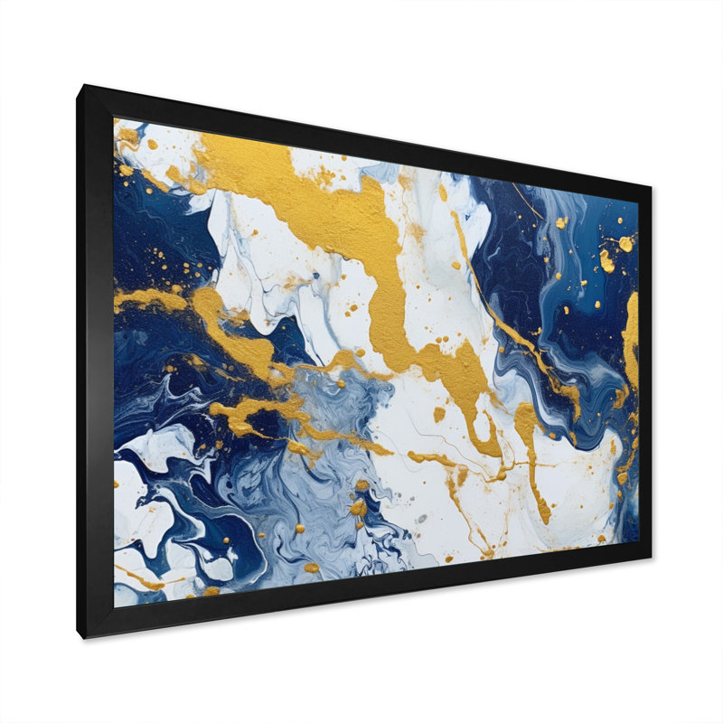Bleu et or, art abstrait fluide de luxe, art mural fractal pour salon, H 12 po x l 20 po x P 1 po, Cadre simple noir