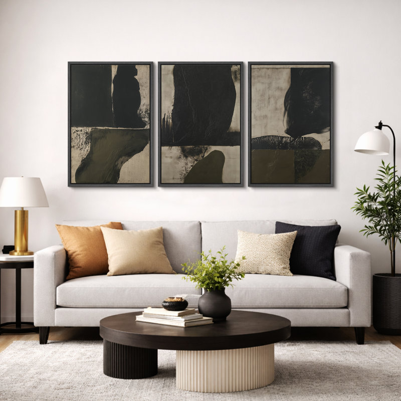 "Black and Olive", art abstrait, images de salon, estampe numérique sur toile encadrée, 3 pièces, Cadre noir