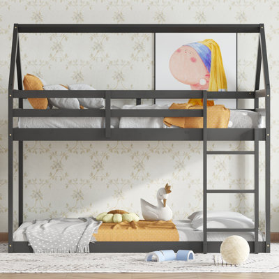 Twin Over Twin Bunk Bed, Solid Rubber Wood Floor Bunk Bed with Ladder, Guardrails, House-Shaped Kids Bunk Bed, Black
