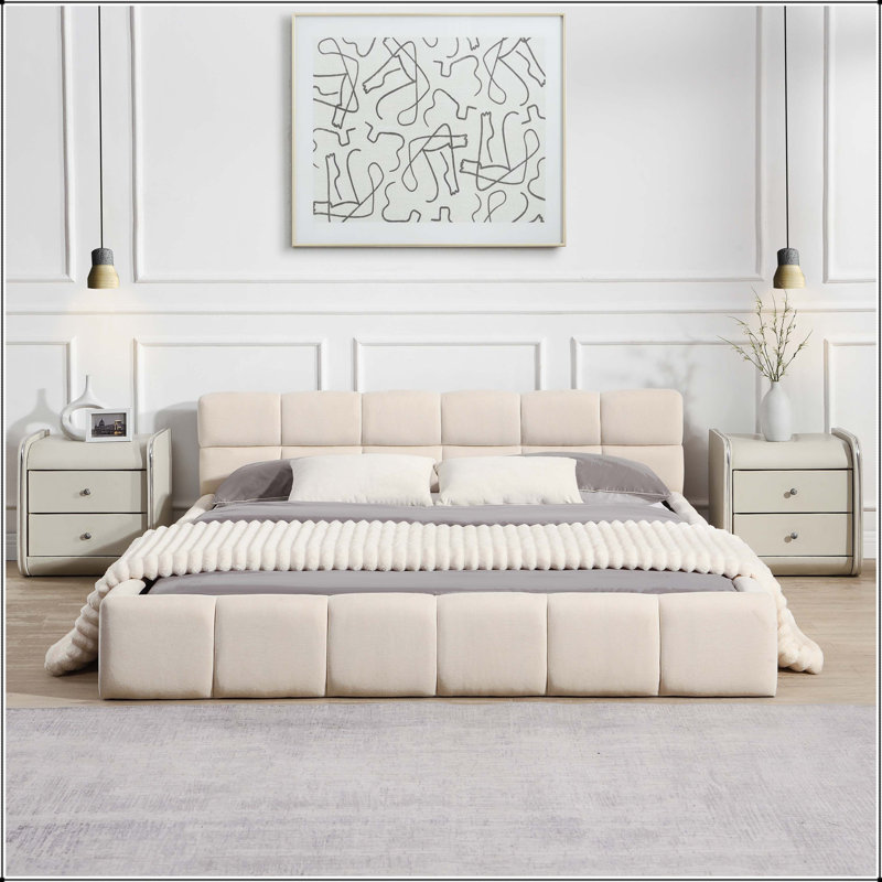 Lit tapissier en chenille avec motif en damier, Grand lit, Beige