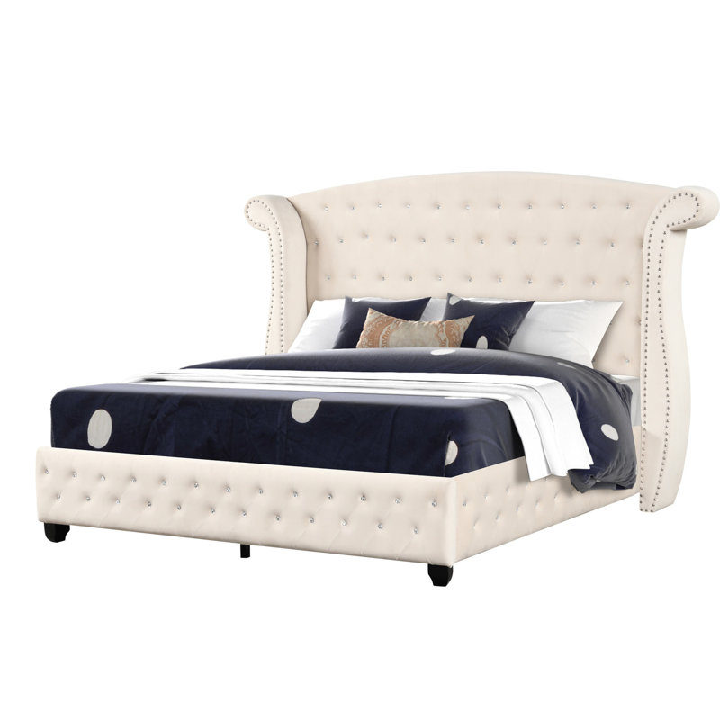 Lit double Crystal en crème, structure en bois massif, lit crème d'apparence glamour, cadre luxueux