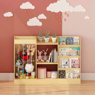 Étagère 3 en 1 pour enfants avec rangement pour livres et jouets, bibliothèque à 4 niveaux pour chambres d'enfants, bibliothèque-sac pour bébé avec rangement pour peluches, bibliothèque Montessori pour tout-petits (chambre, salle de jeux, maternelle), couleur naturelle