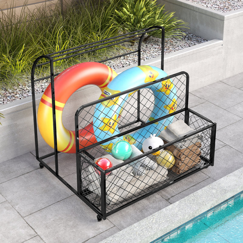 Metal Patio Pool Float Storage Basket, Outdoor Toy Rack And Multi Use Storage Organizer Bin For Floats, With Rolling Wheels
