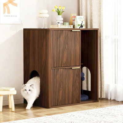 Litière pour chat 31,5 po en noyer avec arbre à chat - Litière encastrée rainurée avec deux portes pour chat et tablettes de rangement, armoire pour animaux polyvalente pour le salon ou la chambre à coucher