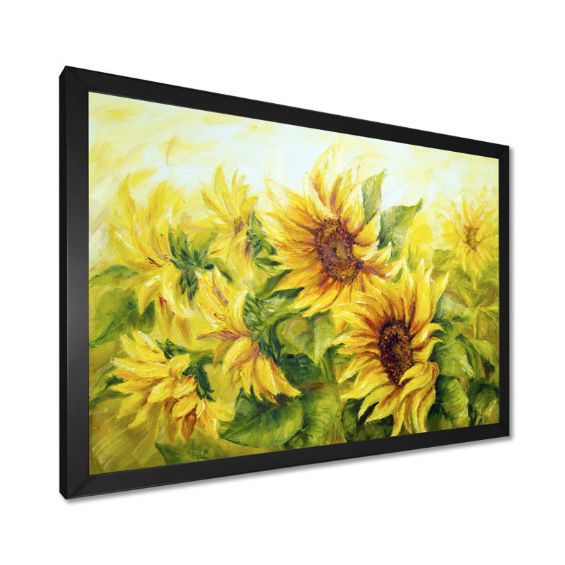Bright Yellow Sunny Sunflowers - impression d'art graphique, H 30 po x l 40 po, Avec cadre, Noir