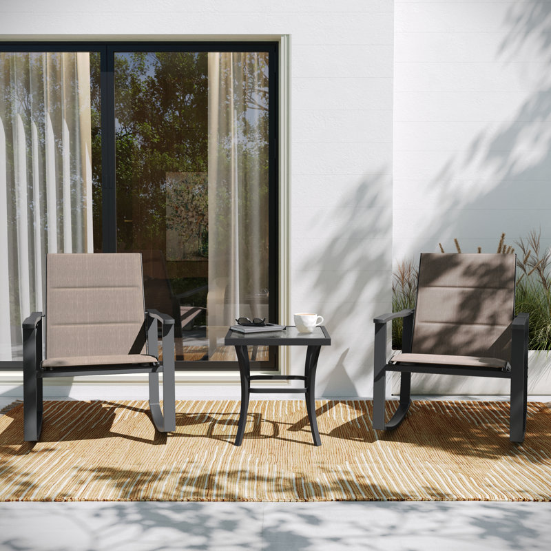 Ensemble bistro avec chaise berçante d'extérieur 3 pièces Killona, Brun