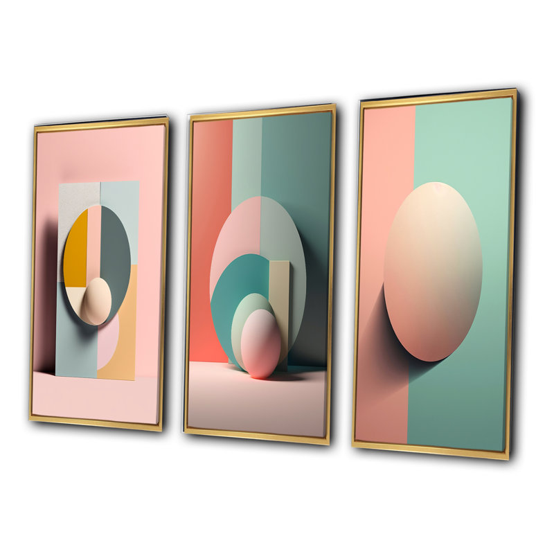 «Geometric Dreaming Retro Minimalisme en rose V», 3 pièces sur toile, Cadre flottant doré, H 20 po x l 36 po