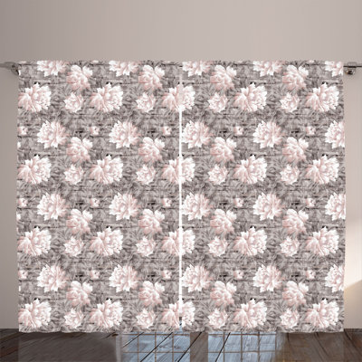 Rustic curtain, neutral leaves, boho, chrysanthemums, salmon taupe gray