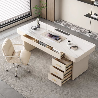 White Rectangular Sintered Stone Executive desk with drawers desk