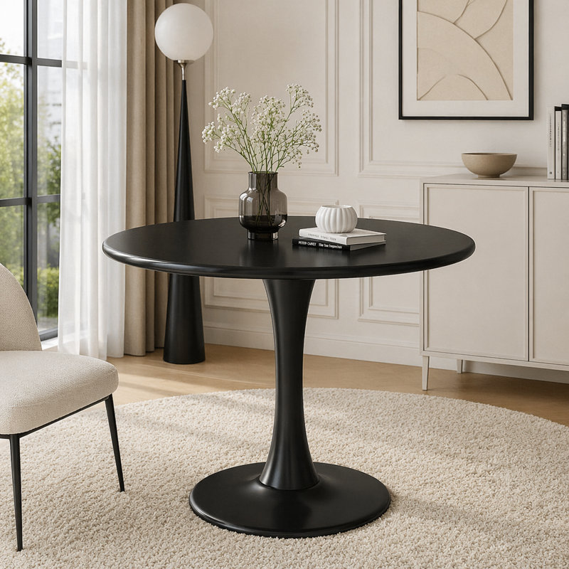 Table de salle à manger ronde noire avec plateau en panneau de fibres à densité moyenne, H 29,1 po x l 23,6 po, Noir