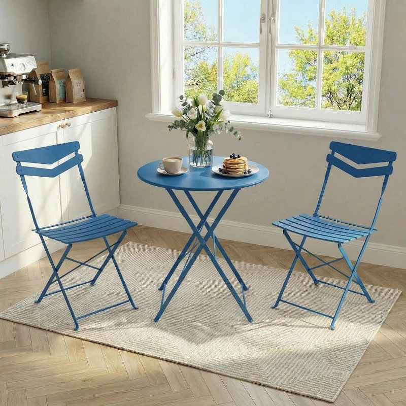 3-Piece Outdoor Metal Patio Furniture Set, Curved Back Steel Bistro Set, Blue, Blue