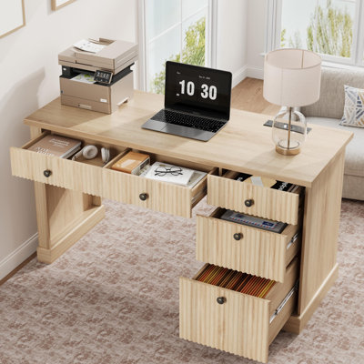 54" Fluted Executive Desk with Storage & Charging Station, Modern Wood Computer Desk with File Cabinet & Drawers, Brown Study Table for Home Office, Natural