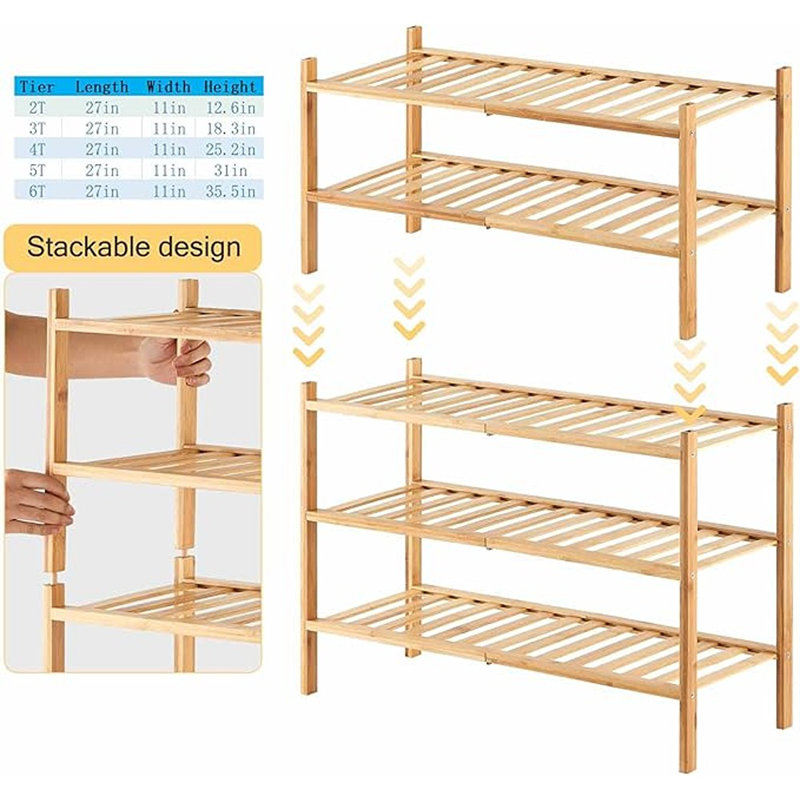 3-tier Bamboo Shoe Rack For Entryway, Stackable | Heavy Duty | Multi-function, Free Standing Shoe Racks For Bedroom Hallway Closet